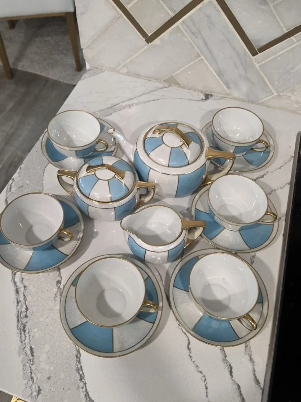 Noritake Tea Set 15-Piece Blue White Pearlescent w/ gold Porcelain Made In Japan